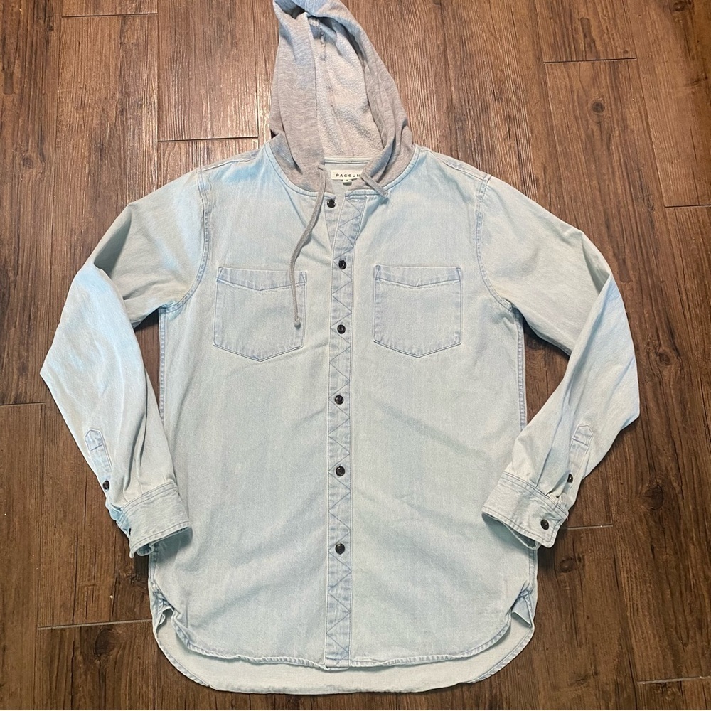PacSun SDenim Streetwear Hooded Button Shirt Jacket Shacket 100% Cotton